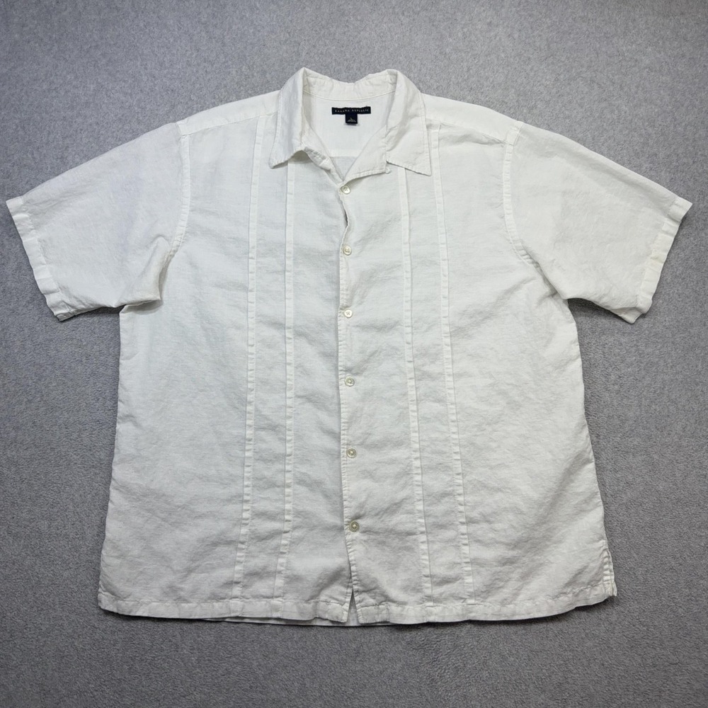 Banana Republic Camp Shirt Mens Large White Short Sleeve Linen Blend Pintuck